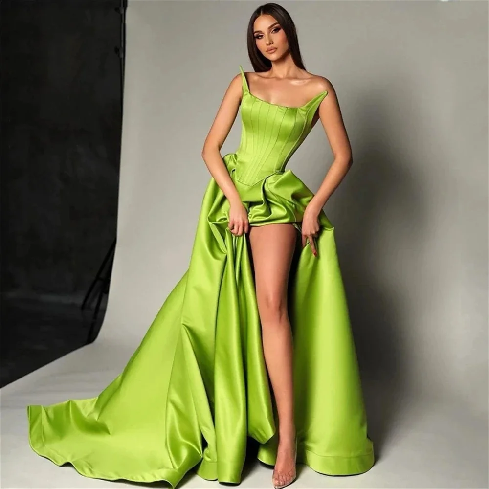 

Green strapless satin evening dress with A-line slit ball dress, floor mop formal occasion dress, simple vest 2024