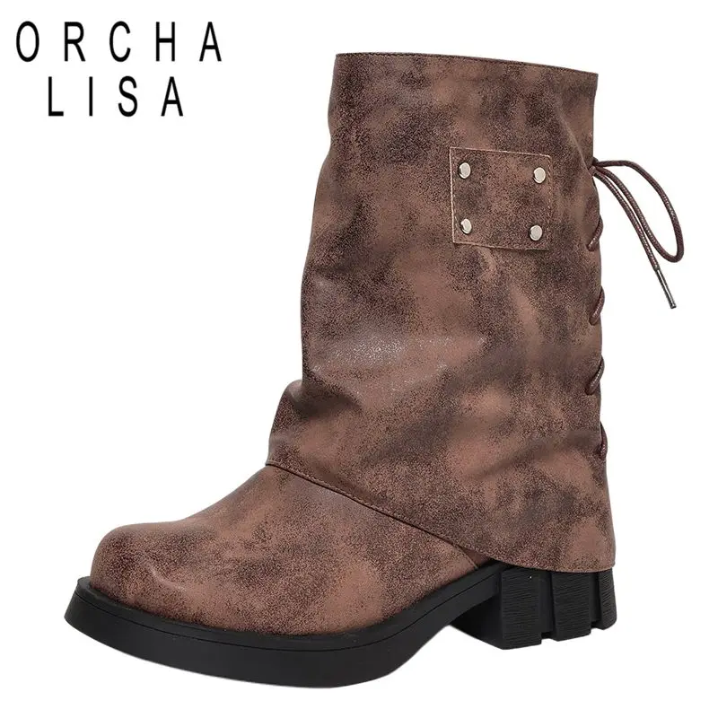 

ORCHA LISA Горячие женские сапоги до середины икры с круглым носком 4,5 см, блочные каблуки, слипоны на шнуровке, большие размеры 41 42 43 Повседневные женские ботильоны на осень