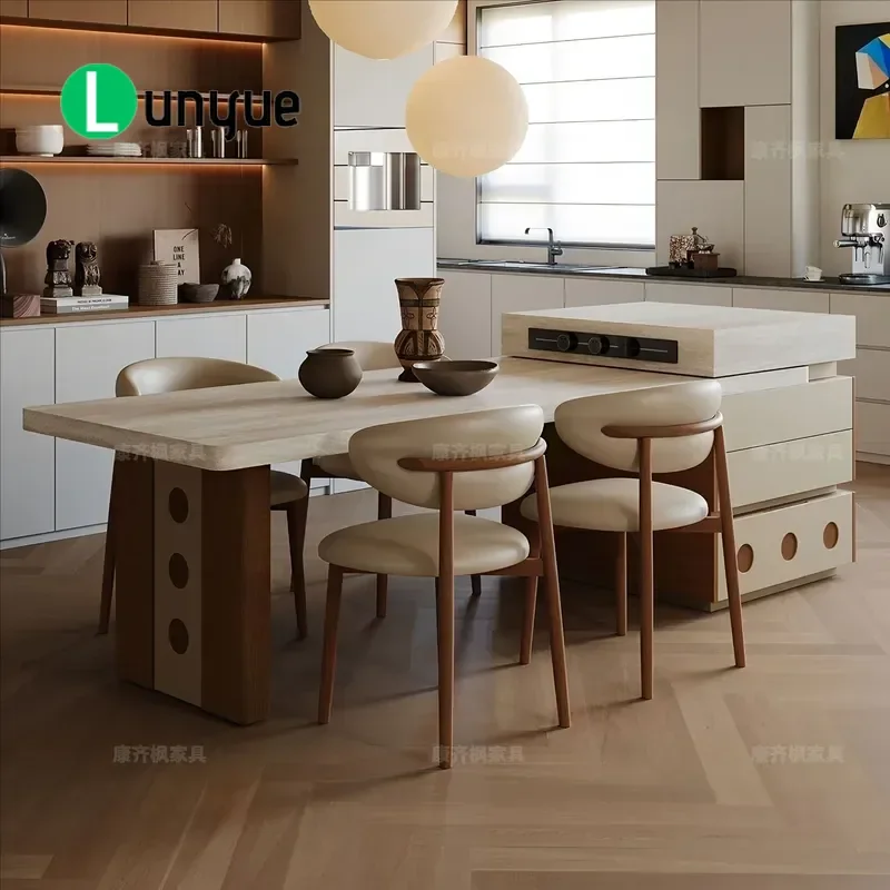 Modern Simple Kitchen Island Table with Retractable Middle Guide Cream Style Rock Slab Surface Medieval Design for Household
