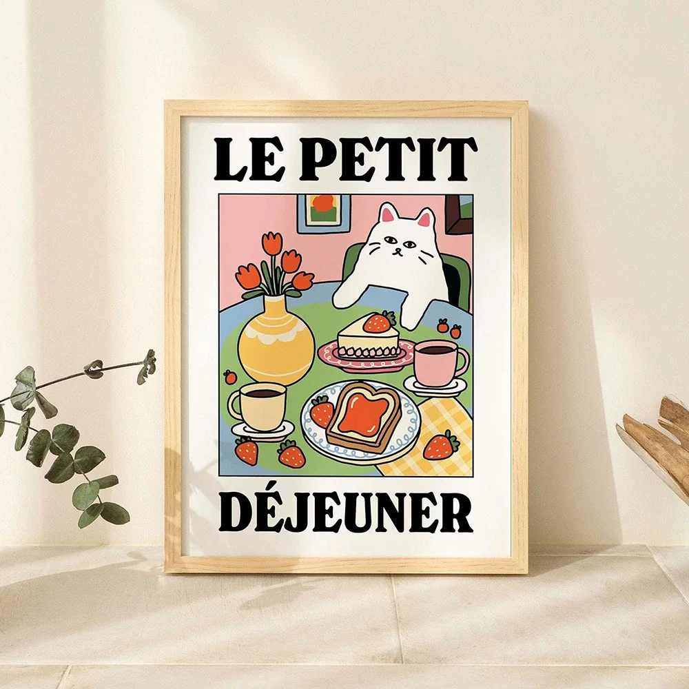 Spaghetti French Cat Print Retro Drink Poster Bistro Coffee Pictures Kitchen Decor Unique Romantic Diner Cuadros Decorativos