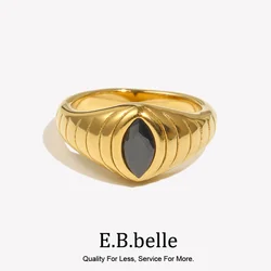 E.B.belle Black Cubic Zirconia Eye Shape Textured Signet Rings For Woman 18K Gold Plated Stainless Steel Finger Rings for Woman