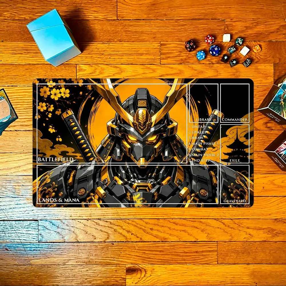 Ukiyo-e Samurai Mecha Green Blade Robot TCG Playmat 35X60CM Card Battle Mat Non-Slip Stitched Edge Three Templates Available
