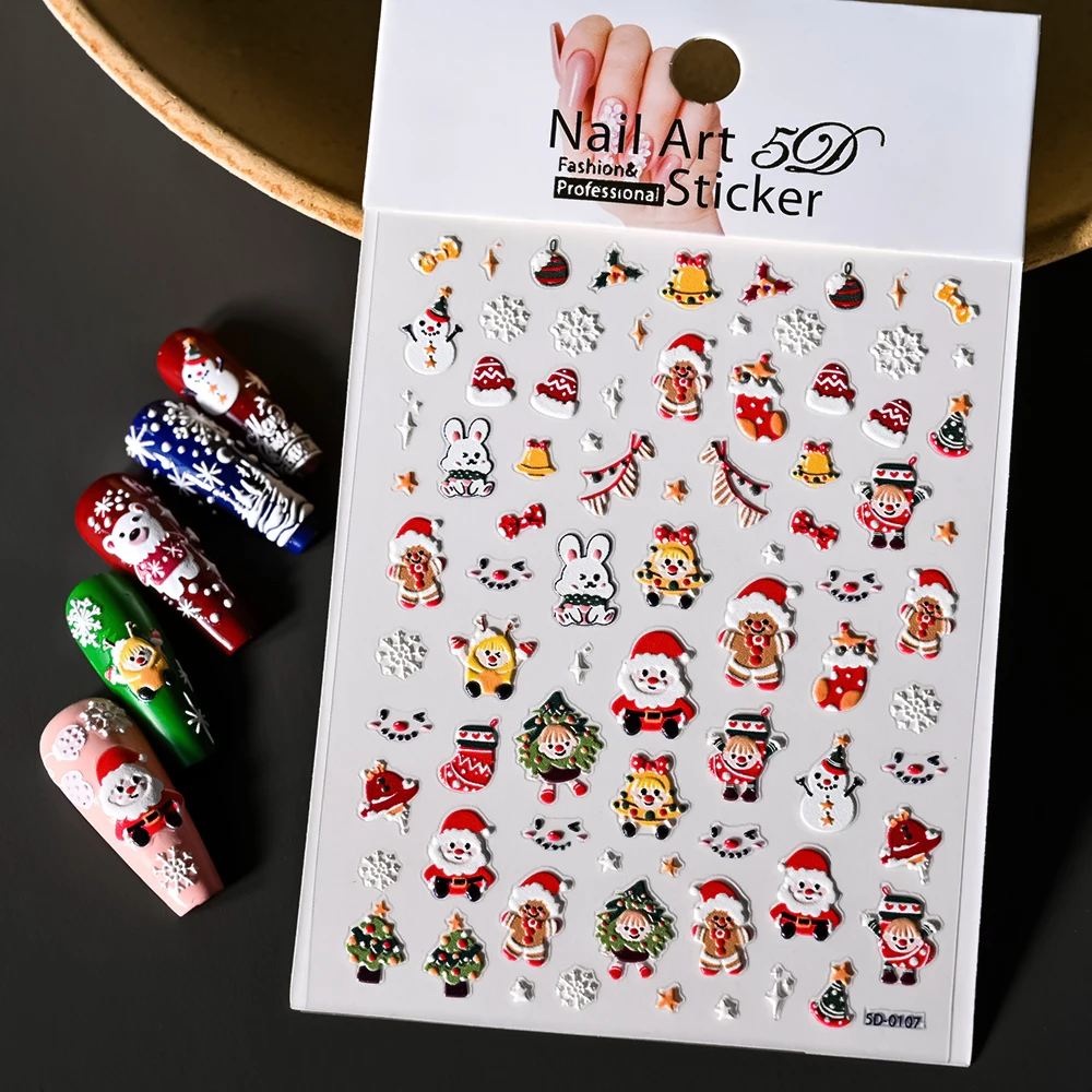 Christmas 5D Embossed Nail Art Sticker 5D Santa Claus/Snow man/Snowflakes Nail Decal 8*10cm Xmas Snowflakes Self-Adhesive Slider