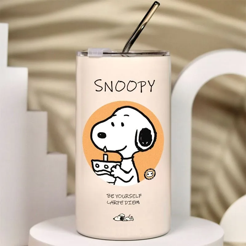 Personalized creative cartoon pattern Snoopy men's and women's high-looking metal stainless steel thermos cup with lid straw