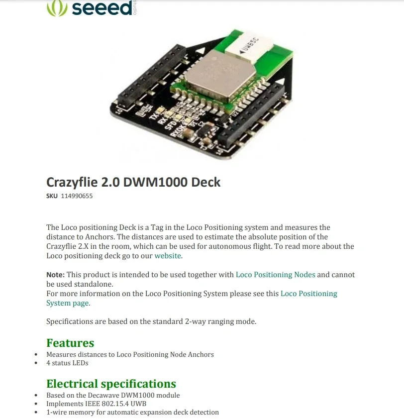 114990655 Crazyflie 2.0 DWM1000 Deck Position Sensor Development Tools