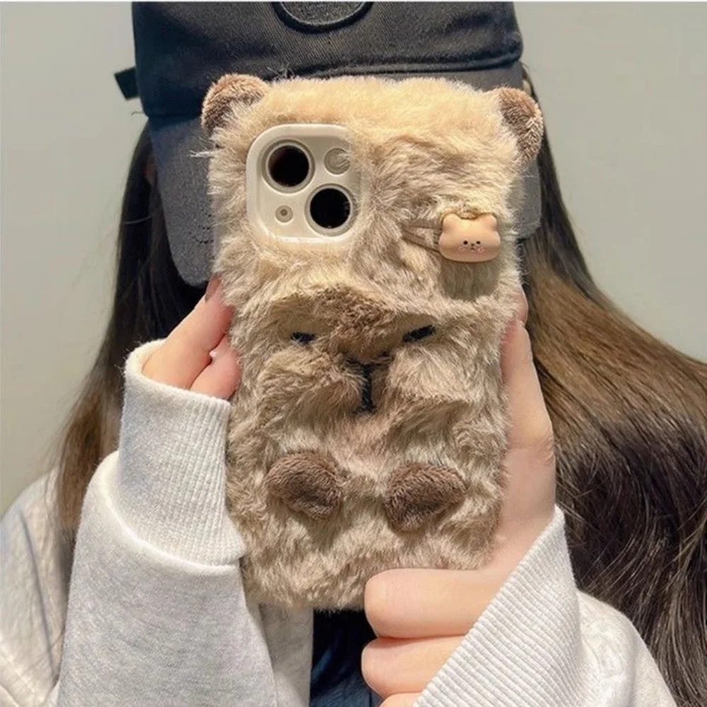 Luxury Capybara Fluffy Fur phone case protection for iPhone 16 15 13 12 11 14 Pro Max XS XR 7 8 Plus X SE Lovely Plush Coque