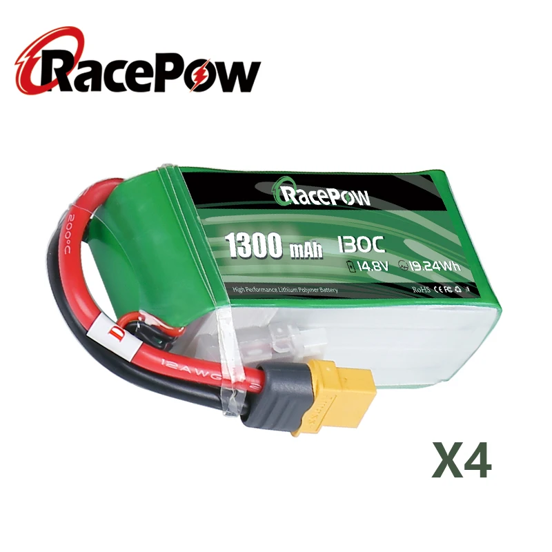 RacePow 1300mAh 4S 14.8V 130C RC Lipo Battery Pack with XT60 Plug for Vortex LRC Freestyle V1 RC Boat Heli UAV Drone FPV 4pcs