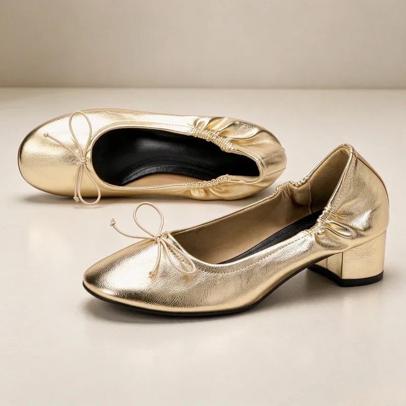 Luxury Gold Metallic Upper Chunky-Heel Women’s Pumps Fashion Bow Detail Round Toe Mary Janes Comfort Soft Leather Pu Loafers