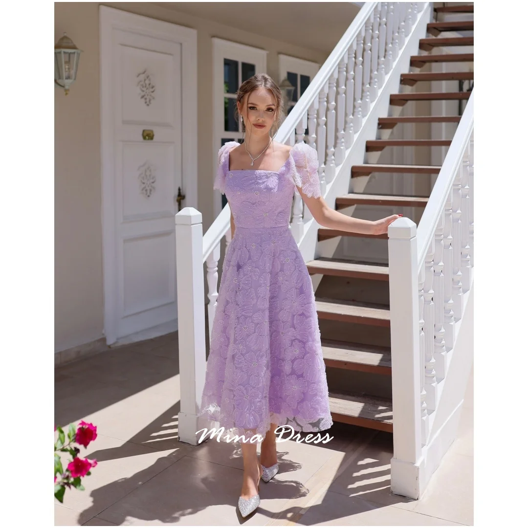 

Mina Customized Purple Arabic Evening Dress Luxury Prom Dress Pearl Square Collar Flowers Dresses for Special Events Tea Chief
