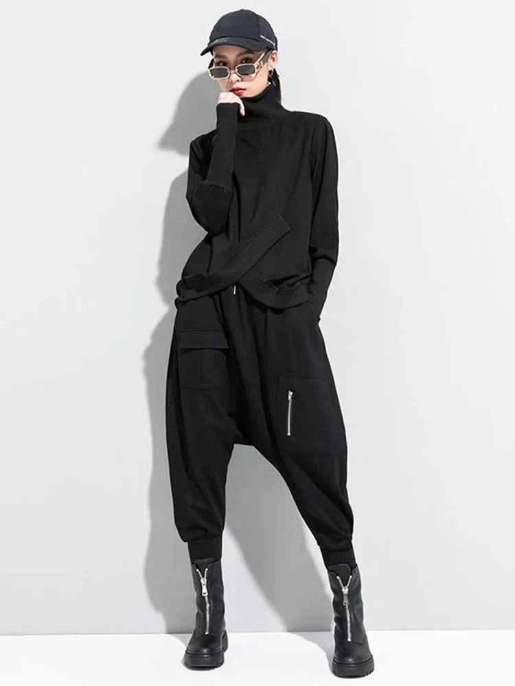 Amaxl UluE European Fashion 2024 Autumn Womens Black Turtleneck Design Tops Ladies Punk Casual Tee Shirts Loose Cotton Clothes