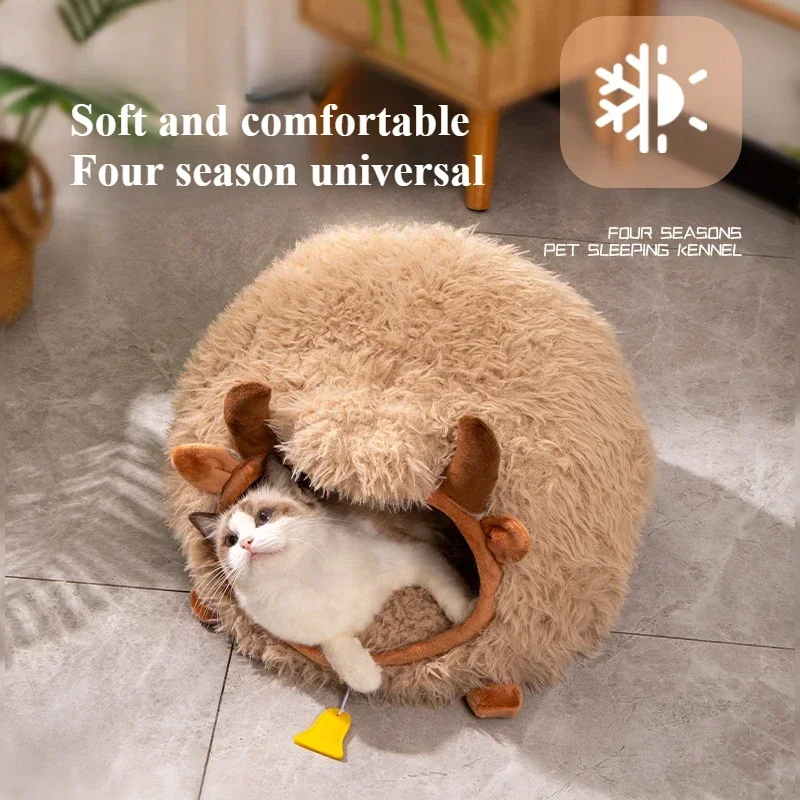 Soft Plush Semi Enclosed Cat Nest Winter Warm Pet Bed Four Seasons Comfortable Pet Nest For Cat And Small Dog Round Cat Bed