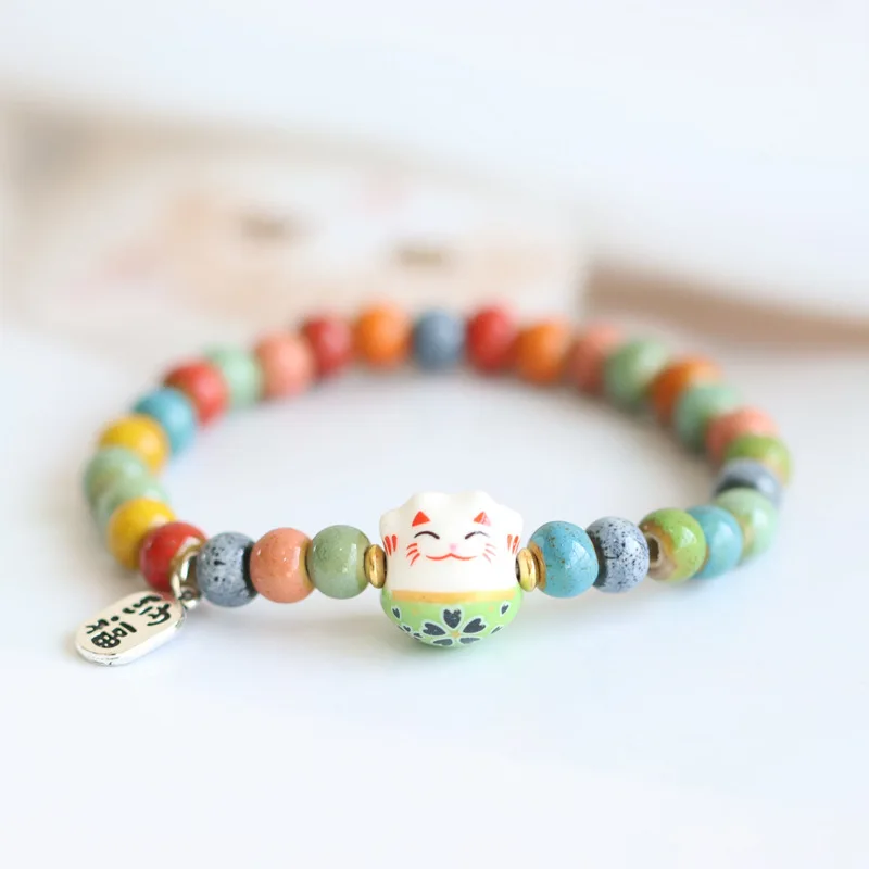 Cute Lucky Cat Bracelet For Girls Adjustable Colorful Beaded Bracelets Ceramics Cat Pendant Charm Bracelets Jewelry Wholesale