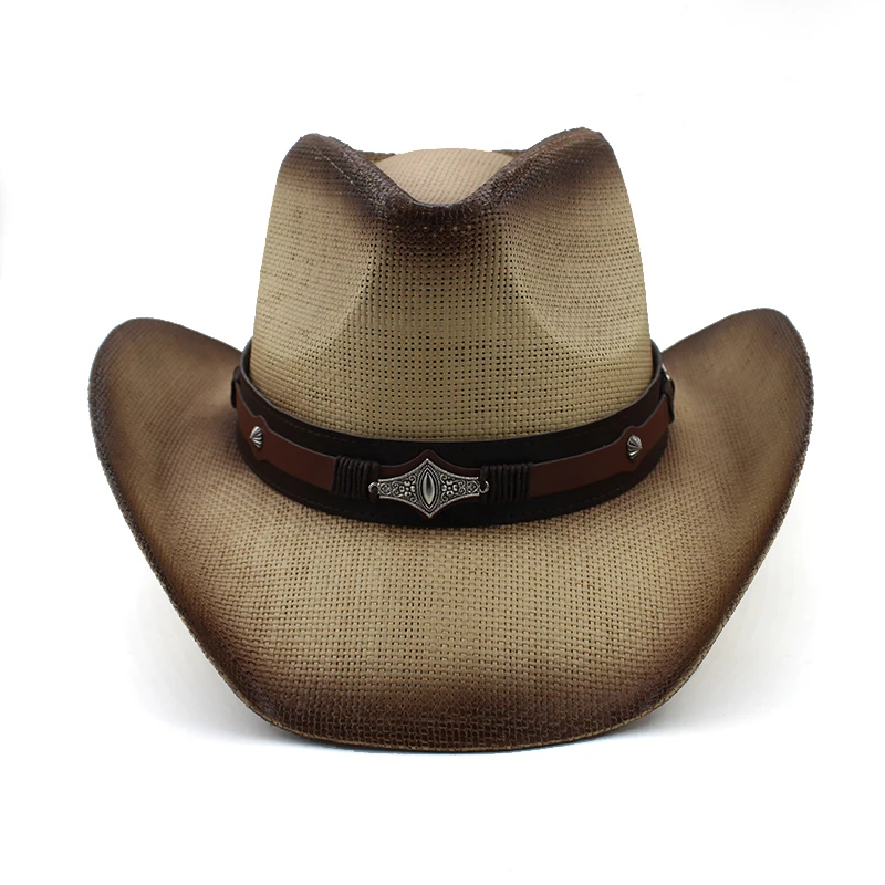 Unisex Men Women Hard Straw Western Cowboy Hats Wide Brim Sunhats Summer Caps Classical Outdoor Travel US Size 7 1/4 UK Size L