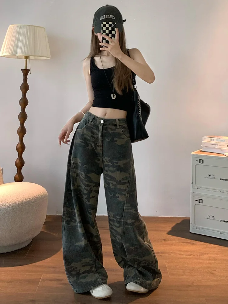 

High Waist American Streetwear Retro Denim Jeans Women Loose Camouflage Spicy Girl Design Straight Leg Wide Leg Floor-Length ...
