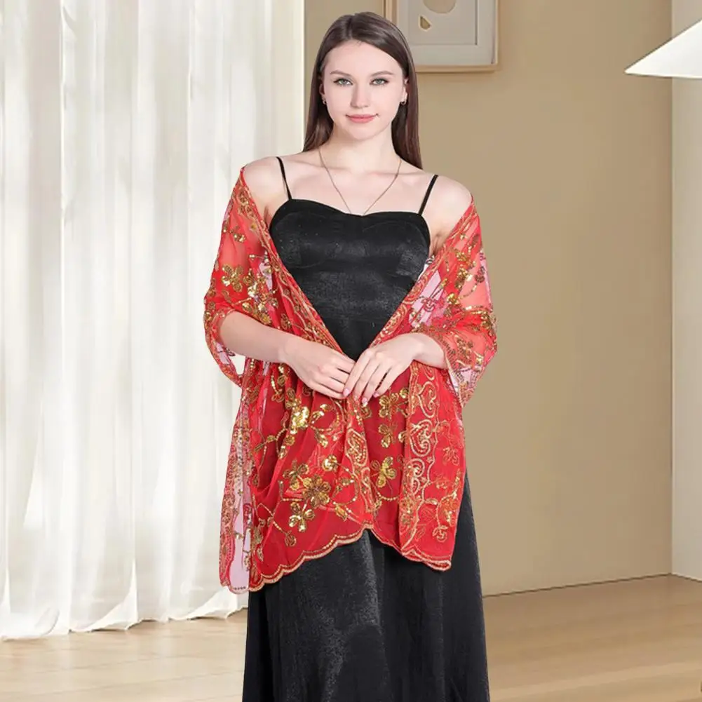 Chiffon Wrap Ladies Long Shawl Flower Decor Thin Lightweight Wrap Curvy Figure Shawl Sequin Flapper Evening Shawls For Women