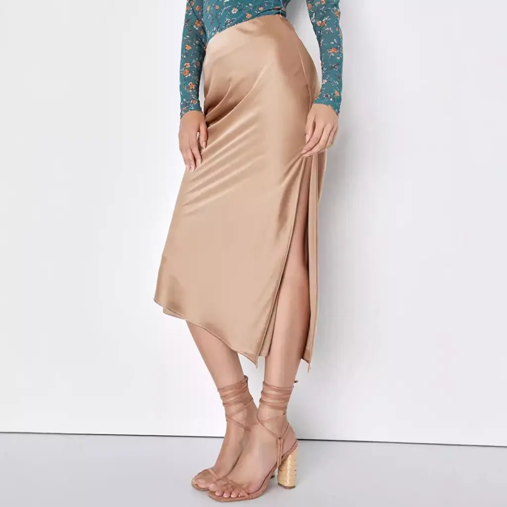 

Women's Satin Skirt High Waist Asymmetrical Long Elegant Split Skirt European And American Style Fashion