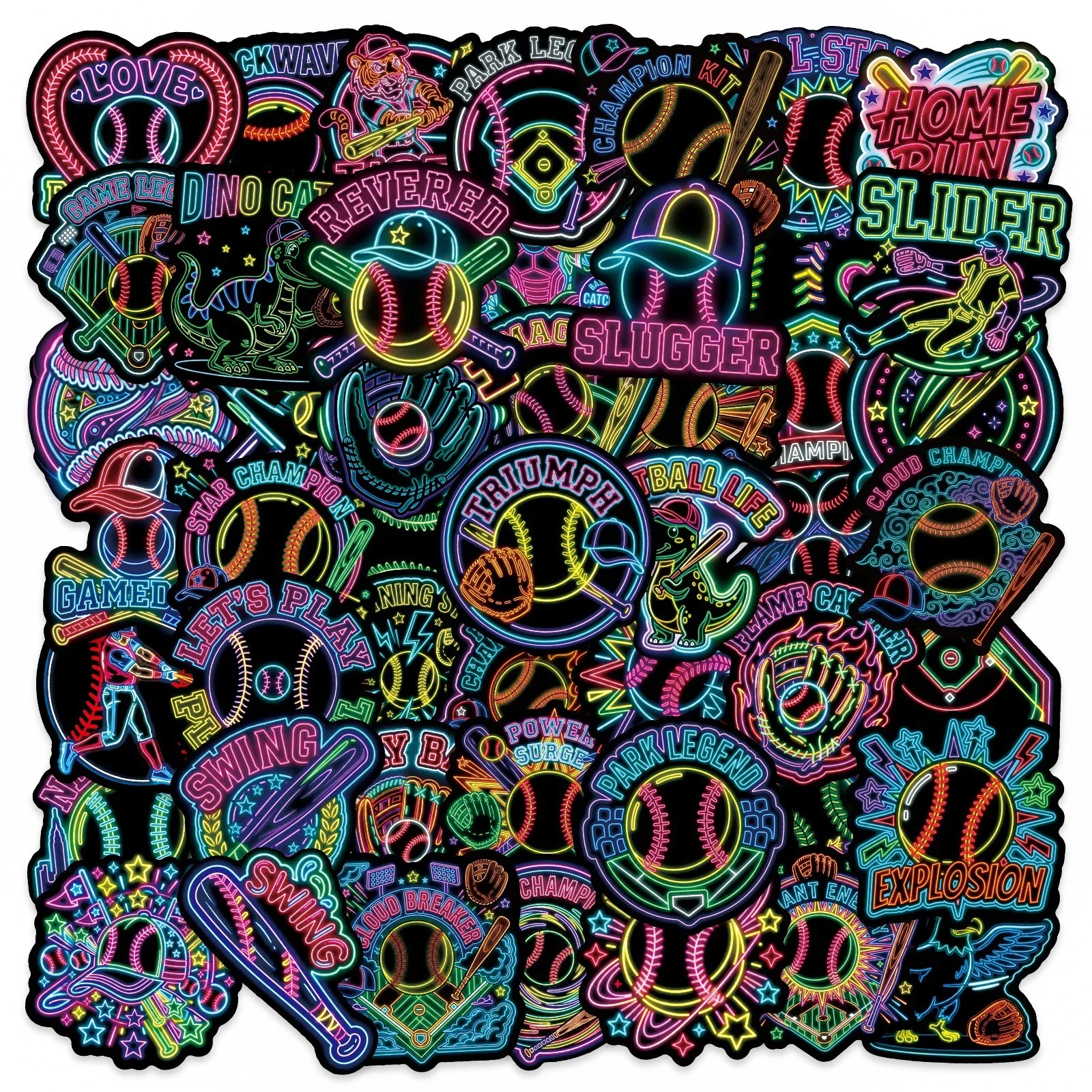 

50/100 шт. неоновых наклеек в бейсбольной тематике, съемные, водонепроницаемые, для кружек, шлемов, скейтов, велосипедов, ящиков для хранения, холодильников