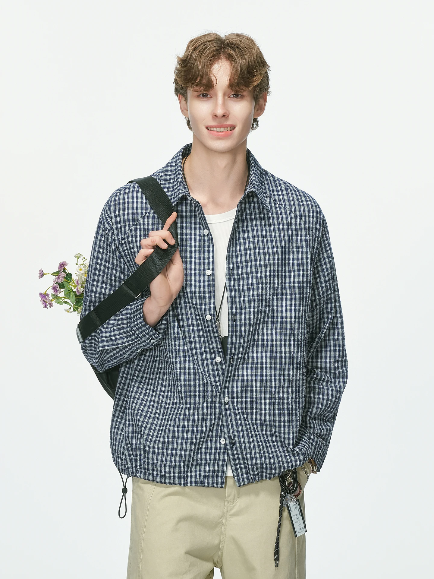 Blue Plaid Bubble Cloth Texture Men's Long Sleeve Shirt Autumn Drawstring Shoulder Length Cotton Polyester Blend Commute Style