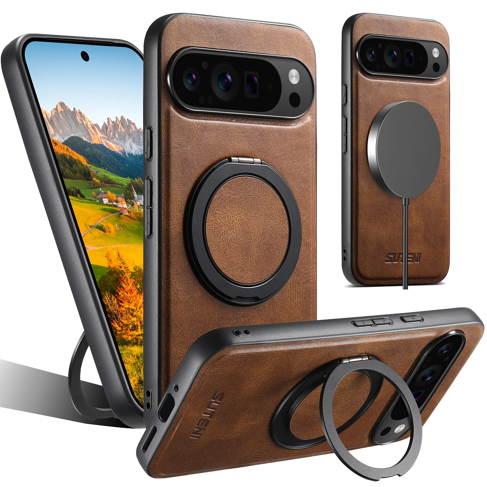 SUTENI PU Leather Oil Wax Wireless Charging Phone Case 360° Rotating Stand Buckle For Google Pixel 9XL 8Pro 7A 6