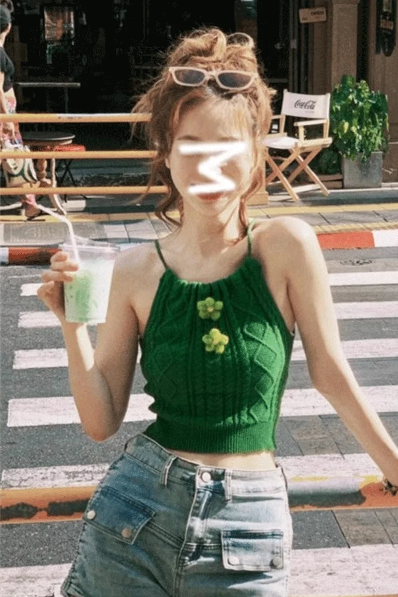 

Thai Style Halter Sleeveless Knit Crop Top Women Summer Thin Layering