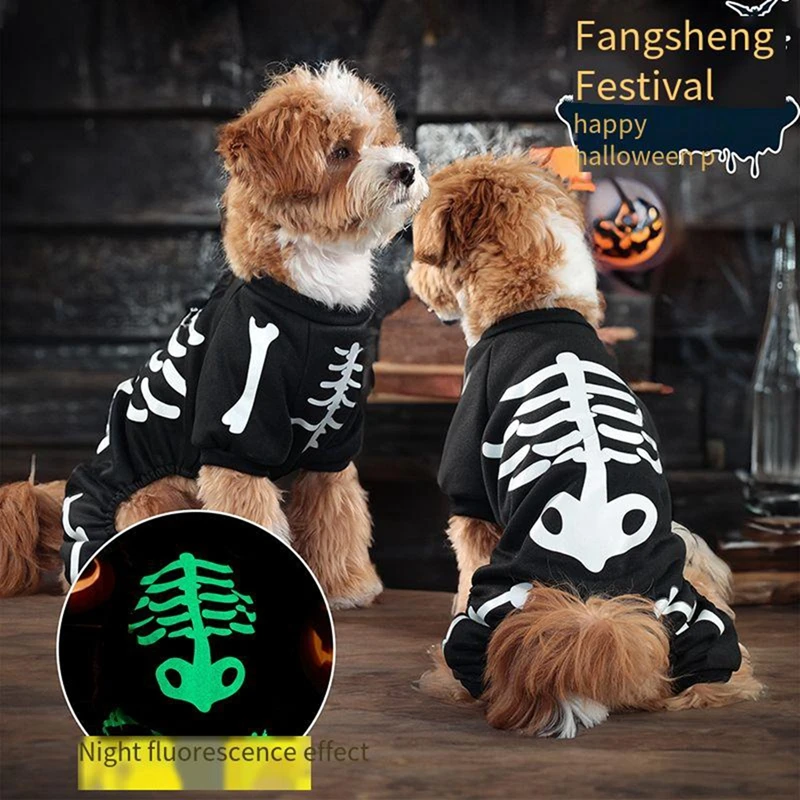 Fluorescence Pet Skeleton Costume Skeleton Jumpsuit for  Medium Dogs Funny Halloween Outfit for Puppy Cosplay Prop Apparel