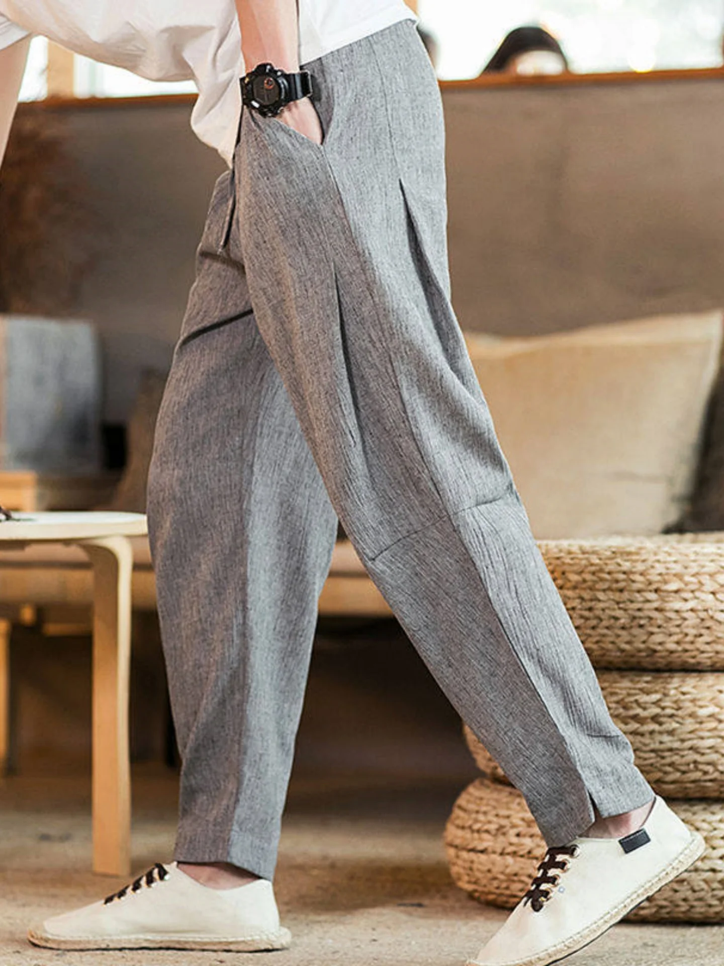 

Мужские летние тонкие хлопковые льняные брюки свободного прямого кроя, повседневные брюки-морковки, дышащие, комфортные, мягкие, с защитой от солнца