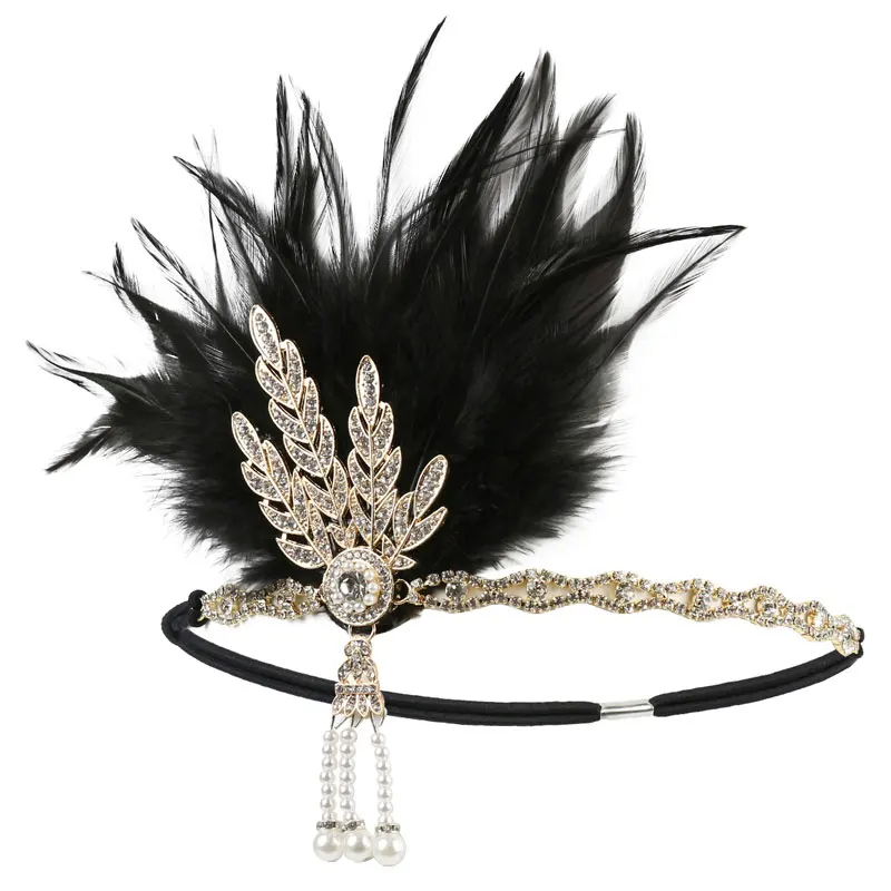 Vintage Feather Headband 1920's The Great Gatsby Headband Rhinestone Beaded Sequin Hair Band Party Women Headpiece Black