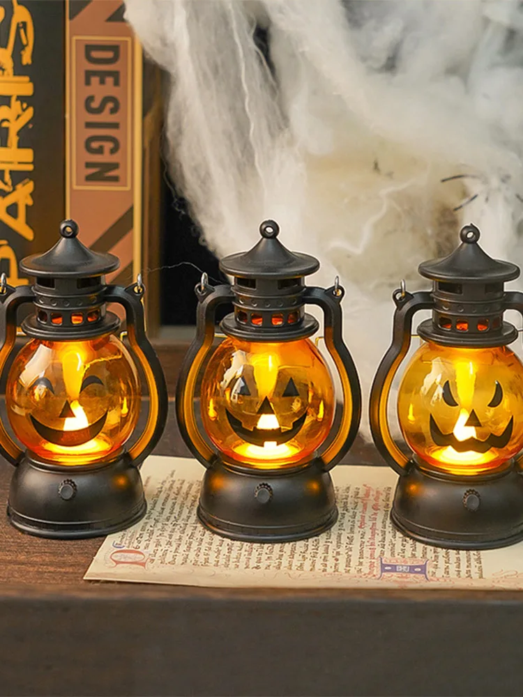 Halloween pendurado abóbora lanterna luz led fantasma lâmpada vela luz retro pequena lâmpada de óleo festa de halloween decoração para casa adereços de terror