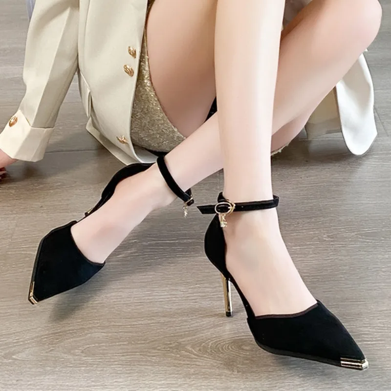 

French hollow high heels summer 2025 new style elegant socialite slim heels women's shoes with a headband women's sandals
