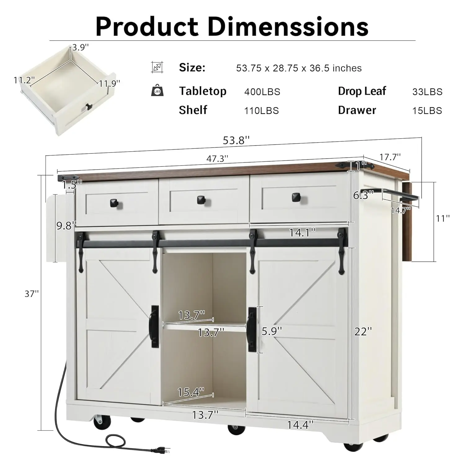 Kitchen Island with Sliding Doors White Rolling Storage Cart on Wheels with Outlet Drop Leaf Drawers & Spice Rack, Customized