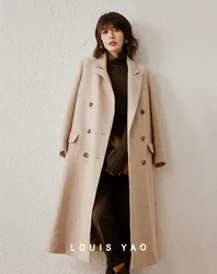 LOUIS YAO Elegant and Comfortable Wool Blend Herringbone Coat for Women with Solid Color and Double-breasted Design