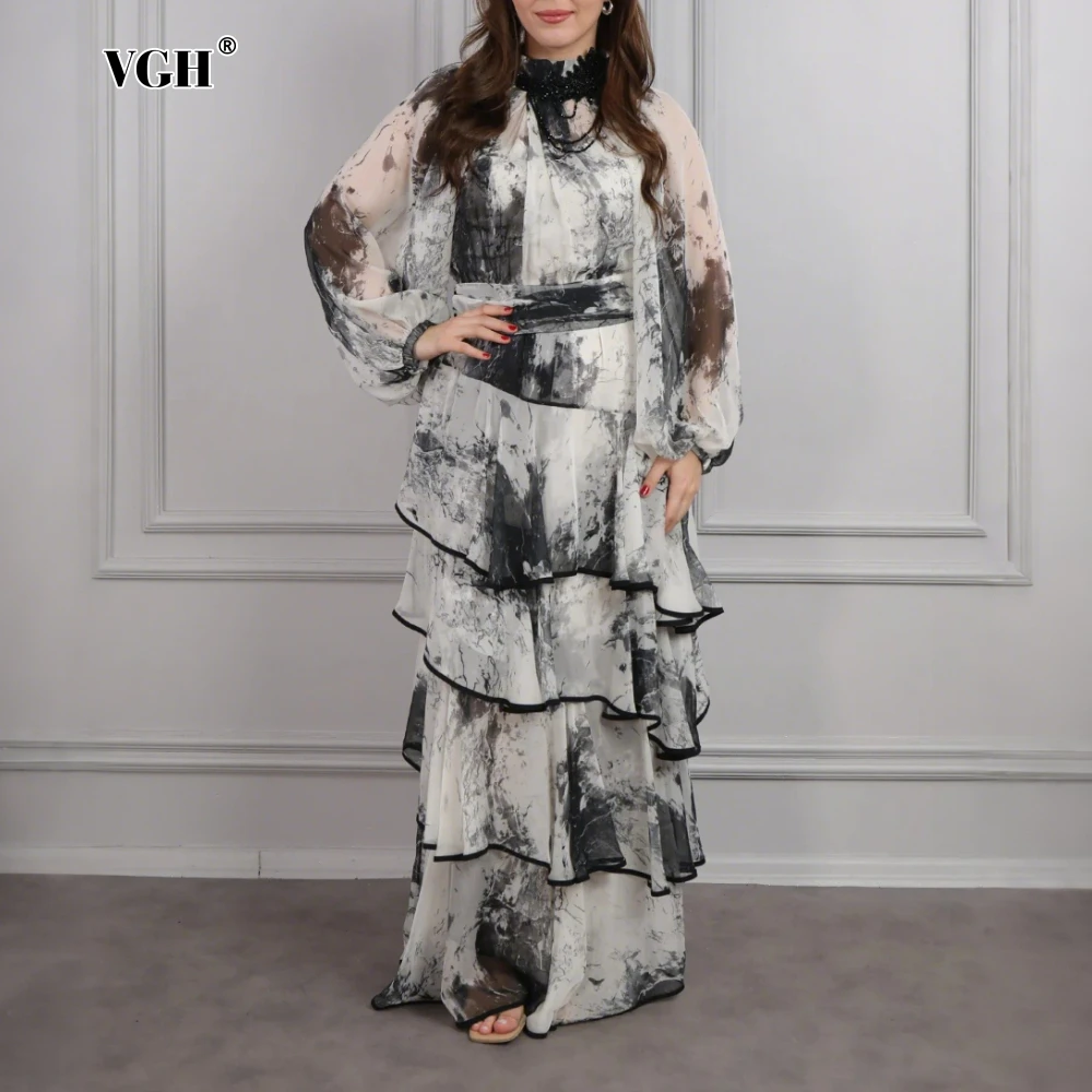 VGH หมึกพิมพ์ Spliced SHEER ชุดผู้หญิงคอยาวแขนยาวเอวสูง Patchwork Ruffles Maxi ชุดแฟชั่นหญิง