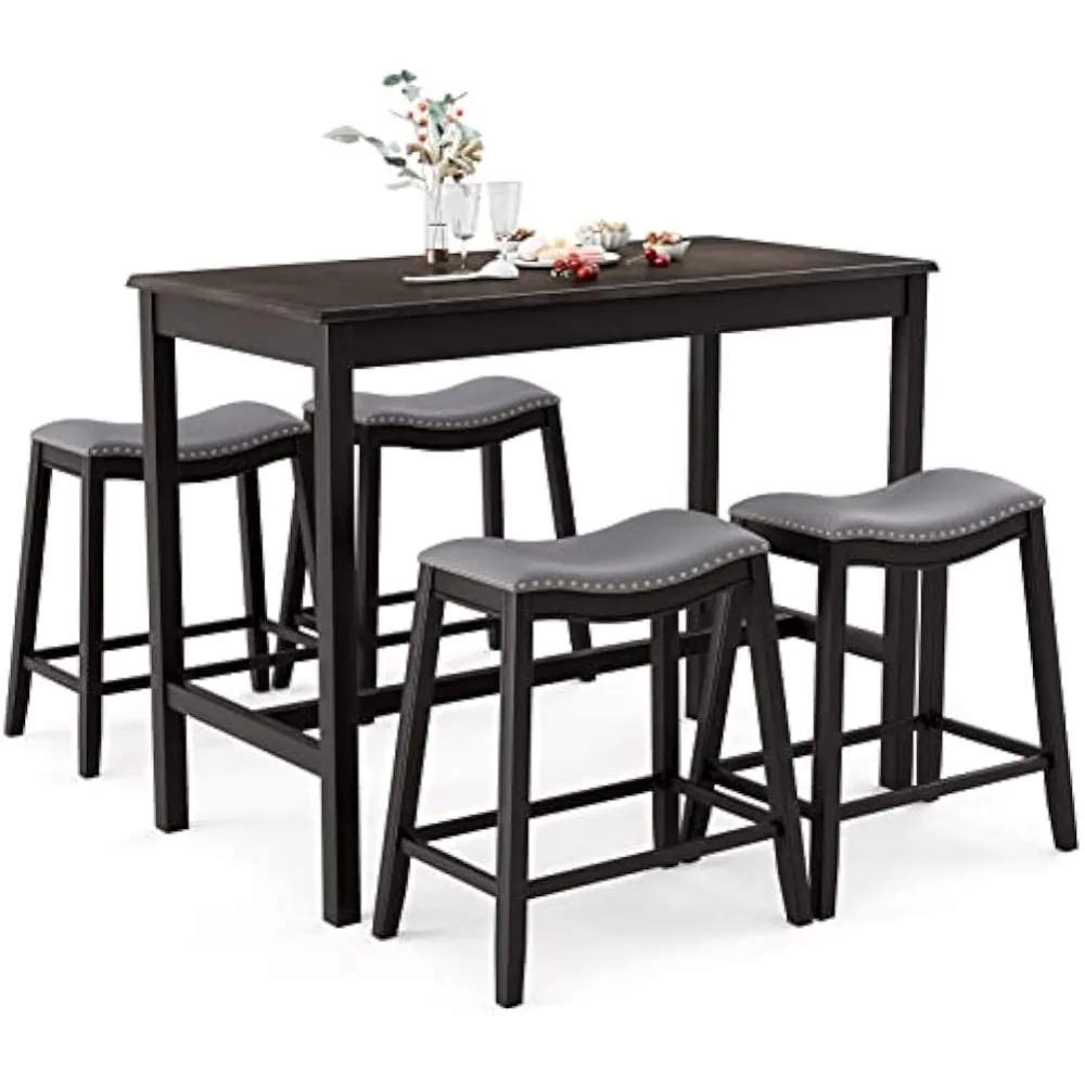 5-Piece Dining Table Set for 4, Counter Height Breakfast Table and Upholstered 4 Saddle Stools, Space-Saving Design, Rubber Woo