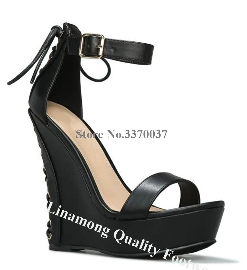 Western Fashion Style One Strap High Platform Back Lace-up Wedges Suede Leather Ankle Strap Buckle Wedge Sandals Dress Heels