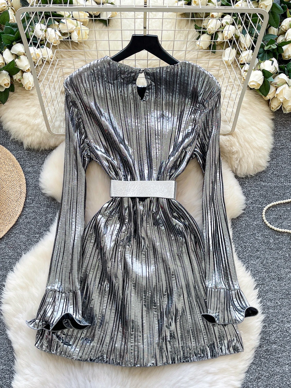 Mini robe de soirée argentée pour femmes, Vintage, élégante, col rond, manches longues, avec ceinture, frocs une pièce, vêtements d'automne, Y2k