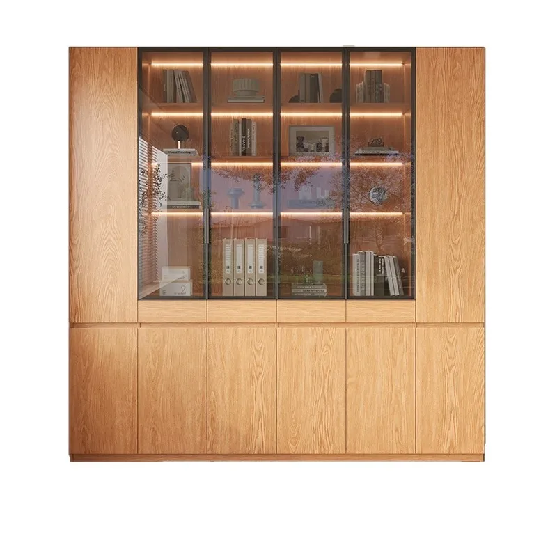Estantería de roble integrada en toda la pared, librero con vitrina de madera maciza para sala de estar.