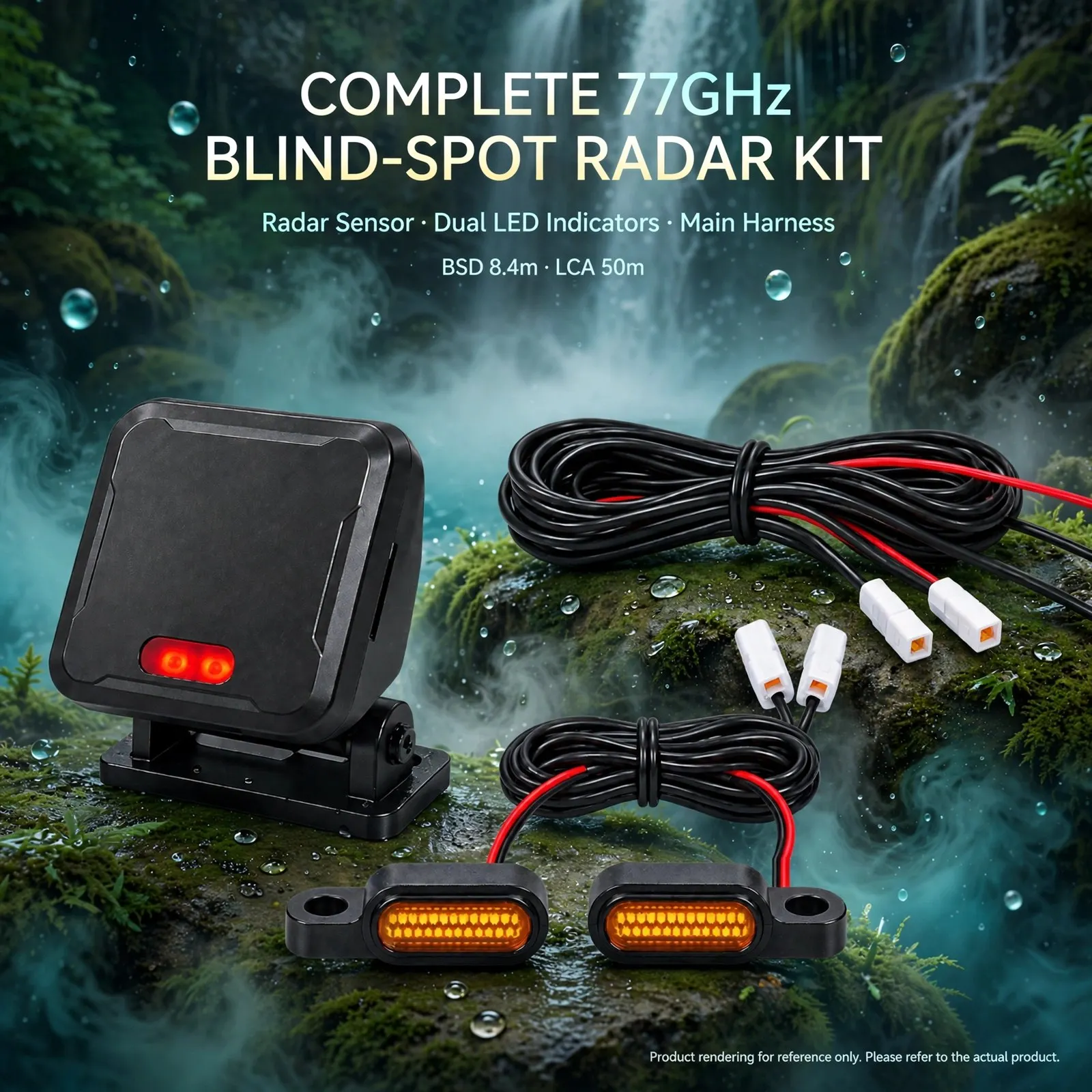 77GHz Motorcycle Blind Spot Monitoring Radar System with Dual LED Warning Indicators – Up to 70m Rear Detection, BSD 8.4m, LCA 5