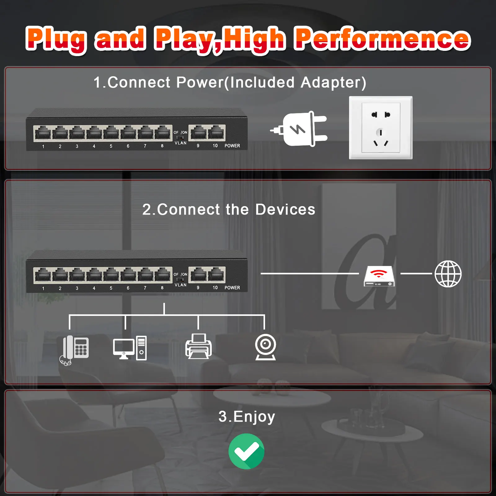 IENRON Gigabit Switch 5/8/10 Ports 1000Mbps VLAN RJ45 Hub Smart Ethernet Metal Switcher IEEE802.3at/af for IP Camera/WiFi Router