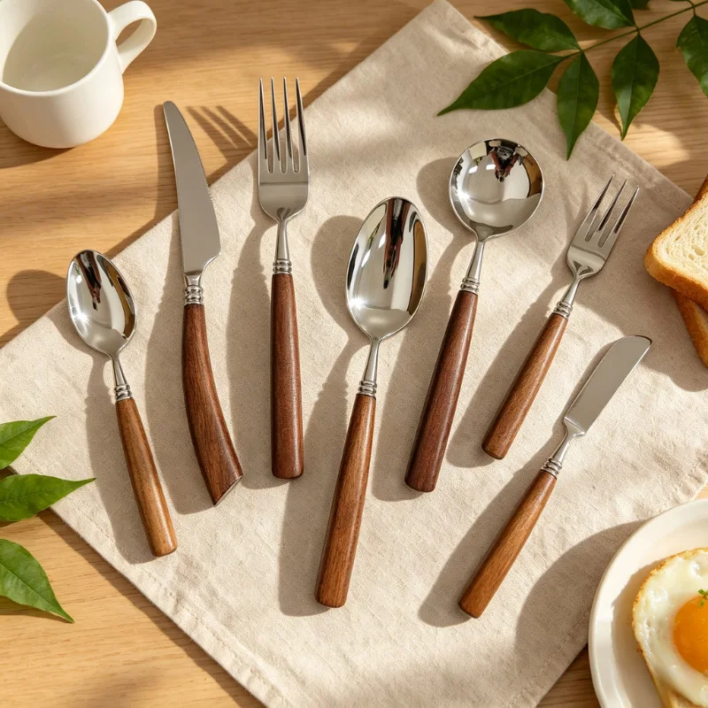 Crescent Moon Series 304 Stainless Steel Cutlery Set, Walnut Wood Handle Steak Knife & Fork, Western Tableware for Hotel & Home,