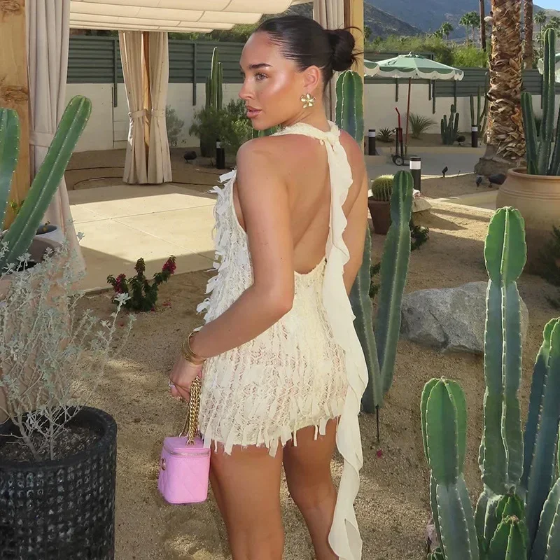 

Mesh Tassel Lace Bodycon Mini Halter Dress Women Sexy Deep V-neck Lace Up Ruffles Ribbon Backless Party Clubwear Beach Outfits