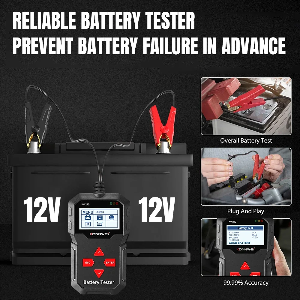 2025 KONNWEI KW210 12V Car Battery Tester Automatic Smart Auto Battery Analyzer 100 To 2000CCA Cranking Car Battery Tester Tool
