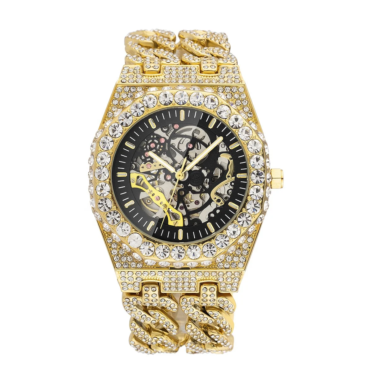 

Luxury Cuban Link Chain Skeleton Mechanical Automatic Watch Gold Hip Hop Diamond Iced Out Watches Men Wrist