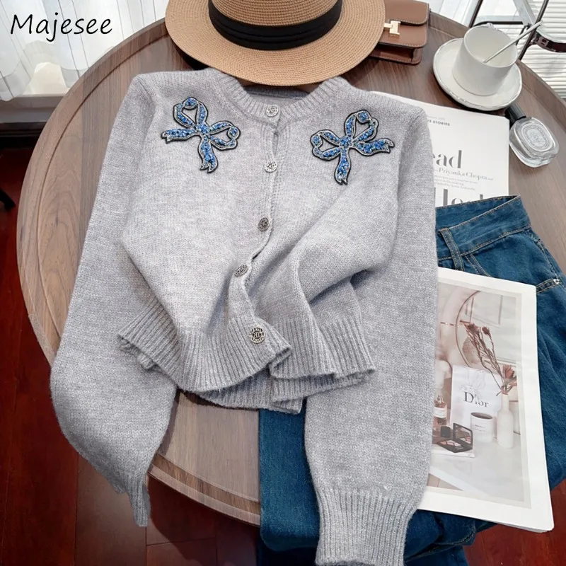 Cardigan Women Ins Knitted Single Breasted Slouchy All-match Korean Fashion Bow Bleaching Design Trendy Autumn Outwear Cozy Chic