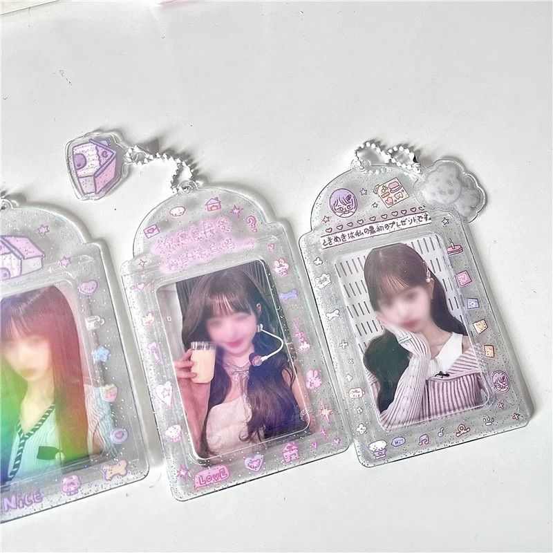 

3 Inch Transparent Card Holder Women Cartoon Credit ID Bank Card Case Glitter Idol Photocard Display Sleeves Keyring Pendant