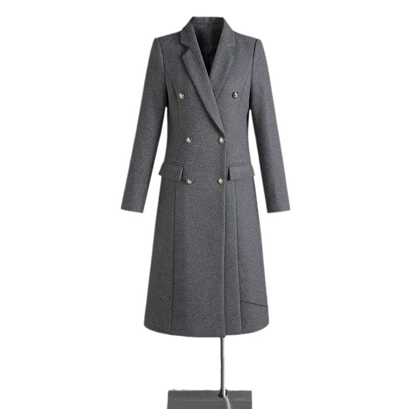 High quality wool blend long trench coat for women big size double breasted new winter 2025 elegant clothes - black grey blue