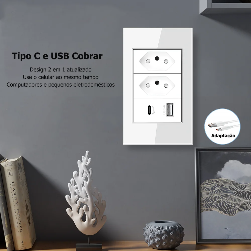 Eiomr 20A Brazil Standard Wall Power Oultet, AC 110V~250V,118mm*75mm Tempered Glass Panel, BR USB Type-C Electrical Socket