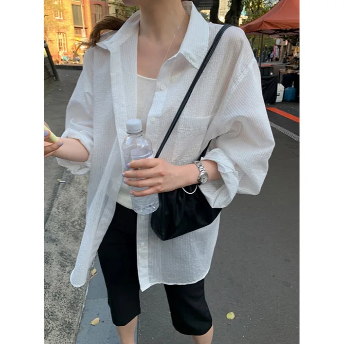 

2026 Summer New Lazy Style Stripe Micro Transparent Thin Sun Protection Breathable Comfortable Loose Casual Shirt Women's Fas...