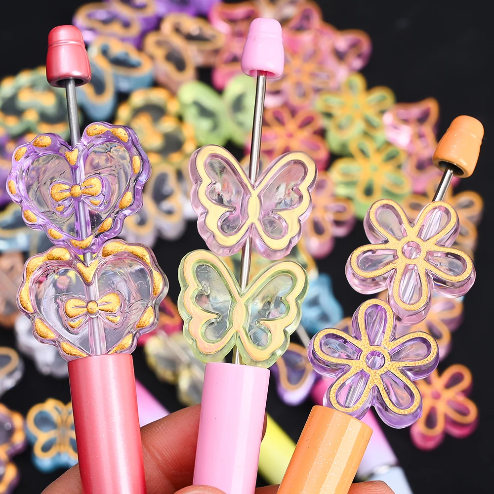 20 Stück goldfarben verzierte transparente Acrylperlen in Schmetterlings-, Herz- und Blumenform als Abstandshalterperlen für die Schmuckherstellung, DIY-Armbänder und Halsketten – Detail 6