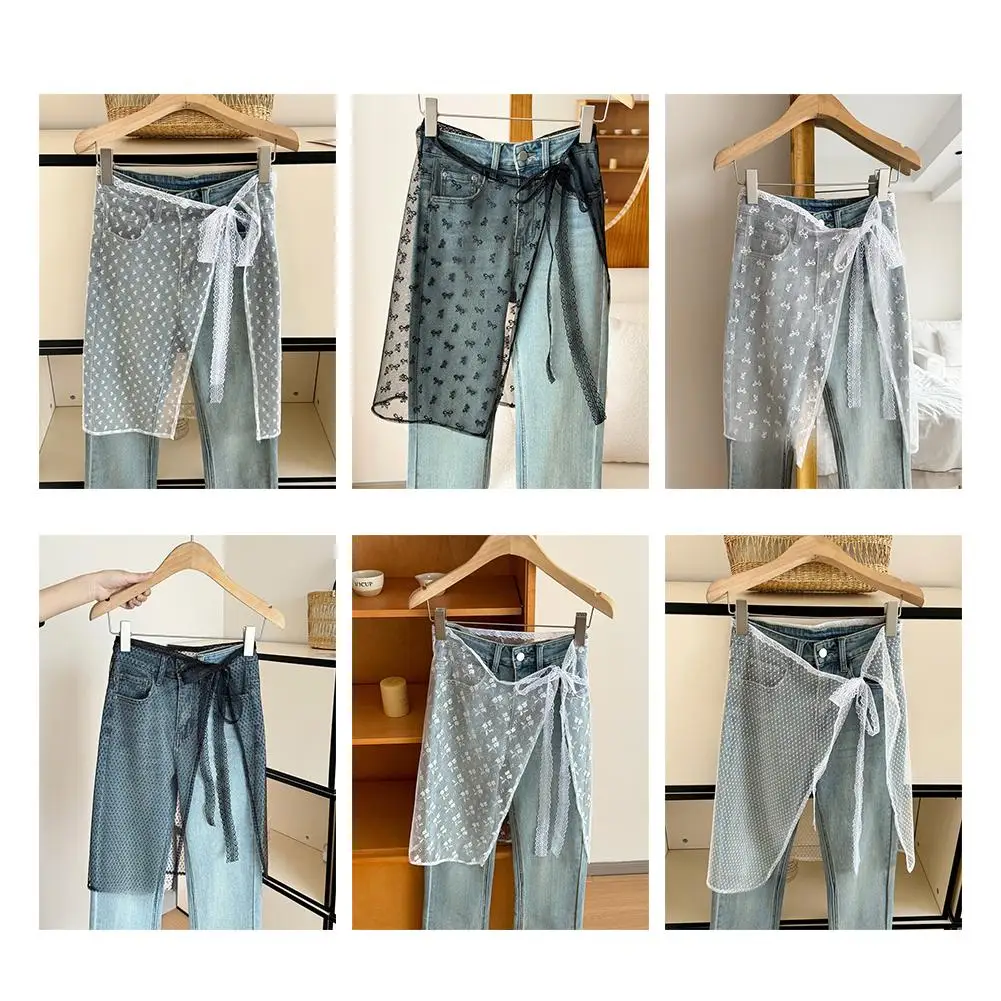 INS Blogger Lace Layered Gauze Skirt With Tie Up Spicy Girl Stacked Skirt Y2K Streetwear Apron Wrap Skirt Lace Up Matching Pants