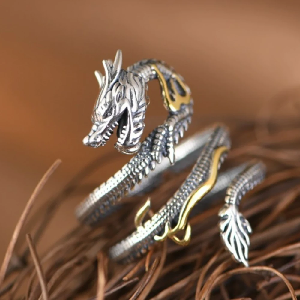 

925Silver Dragon Rings Gothic Punk Style Spiral Pterosaur Adjustable Rings Men Party Vintage Jewelry Accessories Gifts